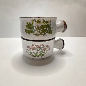Vintage Floral Stoneware Soup Bowl/Mug W/ Handle